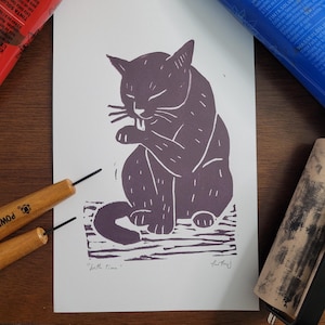 Funny Cat Lino Print: Linocut Cat Art Small Gift