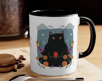 Black Cat Coffee Cup Artistic Spring Meditating Cat Gift for Crazy Cat Lady Cup Cat Lovers Gift Cat Dad Tea Mug