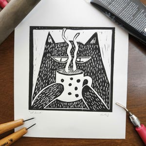 おもしろい猫とコーヒーのリノカット版画：手彫りアート