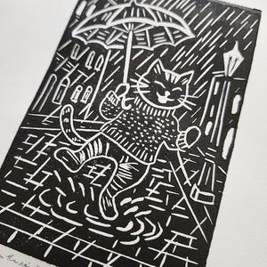 Funny Cat Linocut Print: Singing in the Rain, Original Wall Art