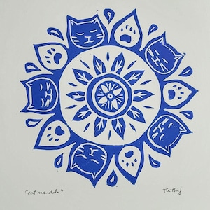 Cat Mandala Linocut Print: Handmade Red Ink Art