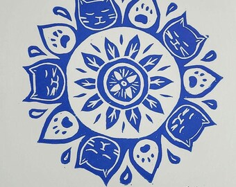 Linolschnitt „Katzenmandala“: Handgefertigte Linolschnittkunst