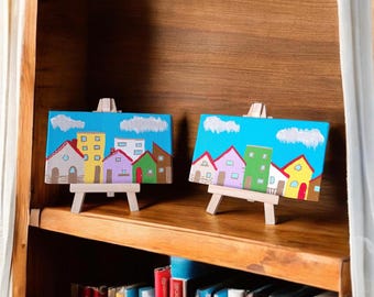 Origineel minischilderij kleine huisjes – Kleurrijke Tiny Art
