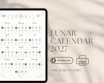 Printable PDF Lunar Calendar, Moon Phase Calendar, Retrogrades, Astrology Events 2027
