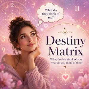 Könnte beinhalten: Eine digitale Grafik mit einer Person mit Dutt-Frisur in einem malvenfarbenen Pullover. Der Text lautet Destiny Matrix, What do they think of me?, und What do they think of you, what do you think of them. Rosa Hintergrund mit Zahlen und Blumen.