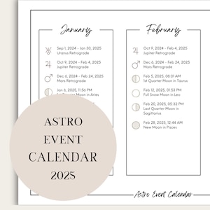 Printable PDF Lunar Calendar, Moon Phase Calendar, Retrogrades, Astro Events 2025