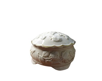 Vintage Cream Rose Embossed Trinket Box Jewelry Dish Gold Trim Decorative Accent