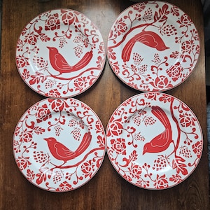 Set of four Pier 1 "Red Bird" stoneware salad plates made in Indonesia