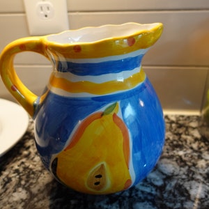 Hausenware Krug Gelb Blau Deko Krug Papaya Früchte handgemalt