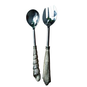 Vintage Seashell Salad Serving Spoon and Fork Set Silver 13 Inch