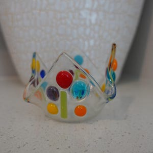 Handkerchief Fused Art Glass Colorful Dots Tea Light Candle Holder Decorative