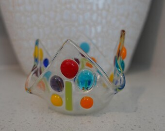 Handkerchief Fused Art Glass Colorful Dots Tea Light Candle Holder Decorative