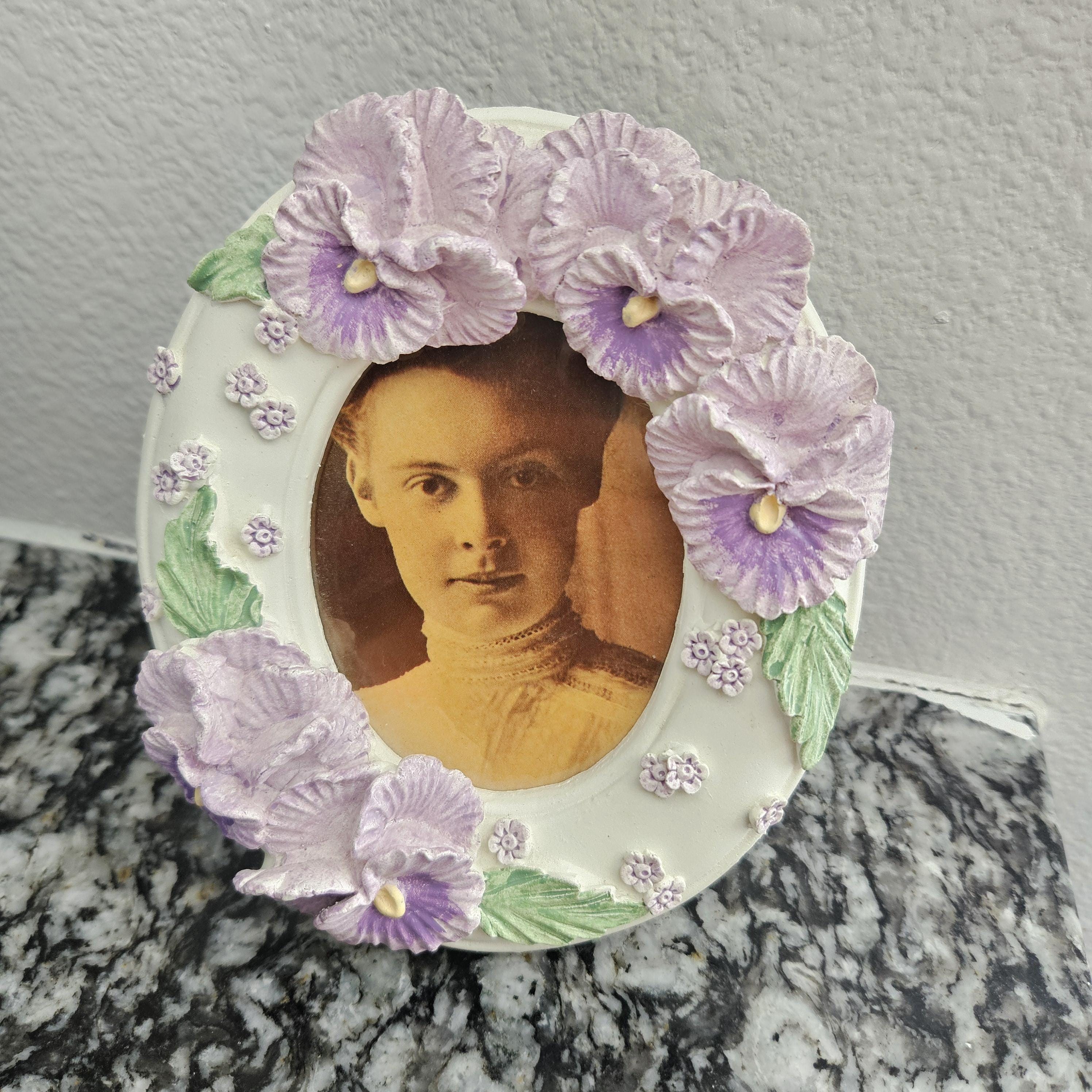Vintage Ceramic Oval Picture Frame Floral Bouquet Purple White and