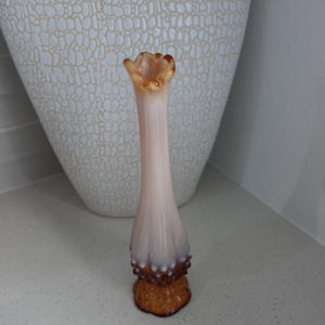 Vintage Amber Hobnail Fenton Vase Peach Crest Glass Bud Vase Ruffled Edge