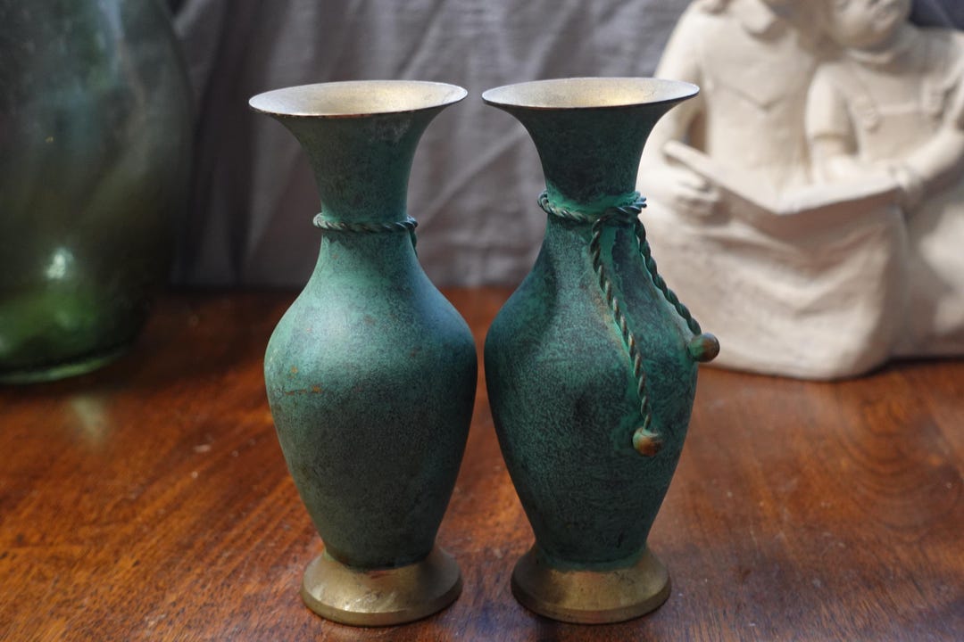Vintage Brass Tulip Vases - Greenish Blue Sponge Paint & Metal Rope ...