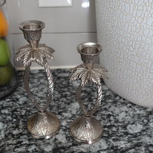 Vintage Pewter metal palm tree candlestick holders-set of 2