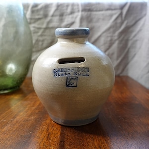Vintage 1992 Cambridge state bank Rowe Pottery Works jug bottom stamped with cobalt blue letters and acccent