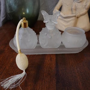 Ladies Vanity set- frosted glass perfume vanity set- clear frosted glass vanity 4-piece set