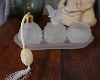 Ladies Vanity set- frosted glass perfume vanity set- clear frosted glass vanity 4-piece set