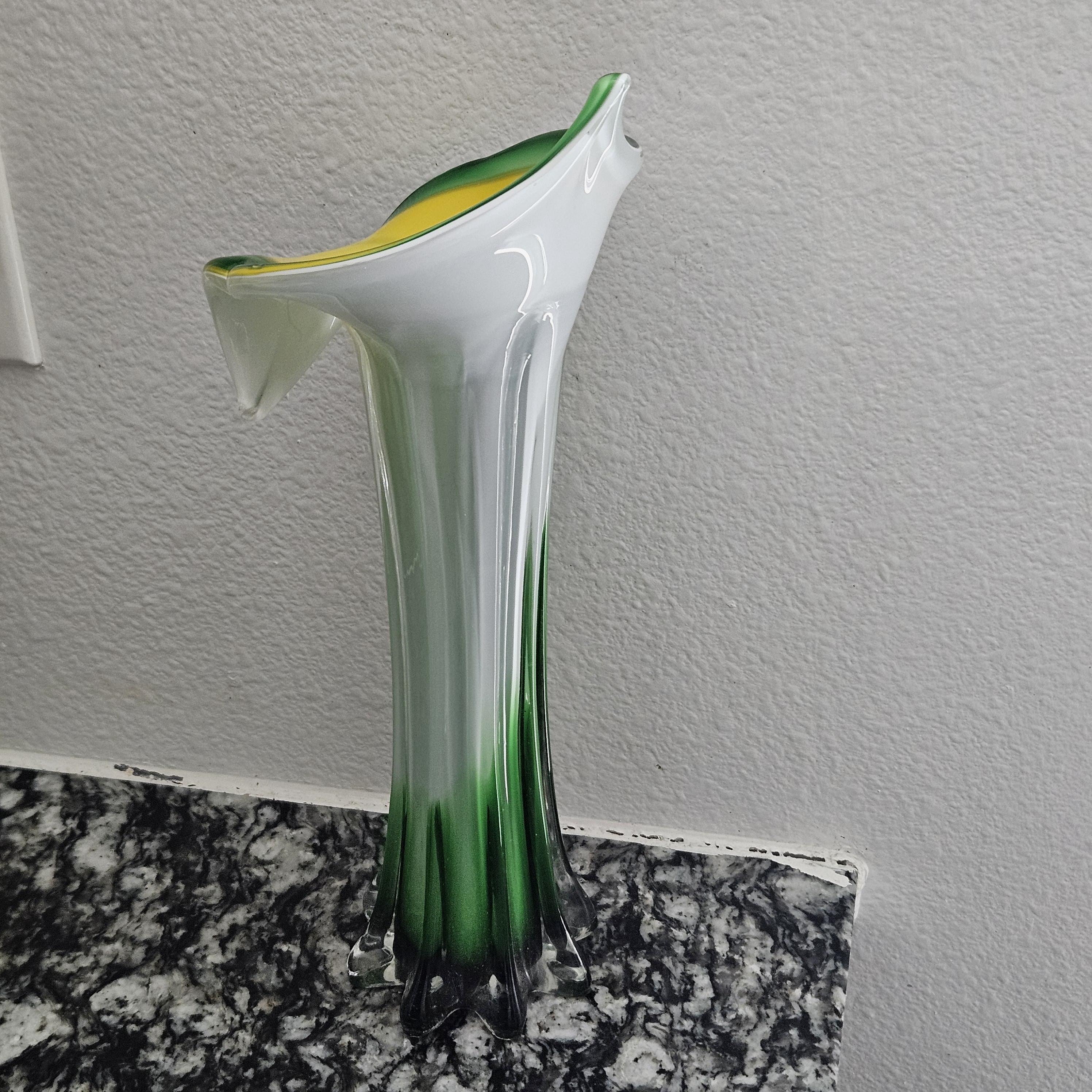 Vintage Art Glass Jack-in-the-pulpit Vase With Yellow, Green, and