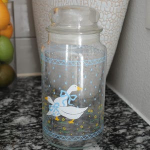 Vintage goose with blue bows clear glass storage canister