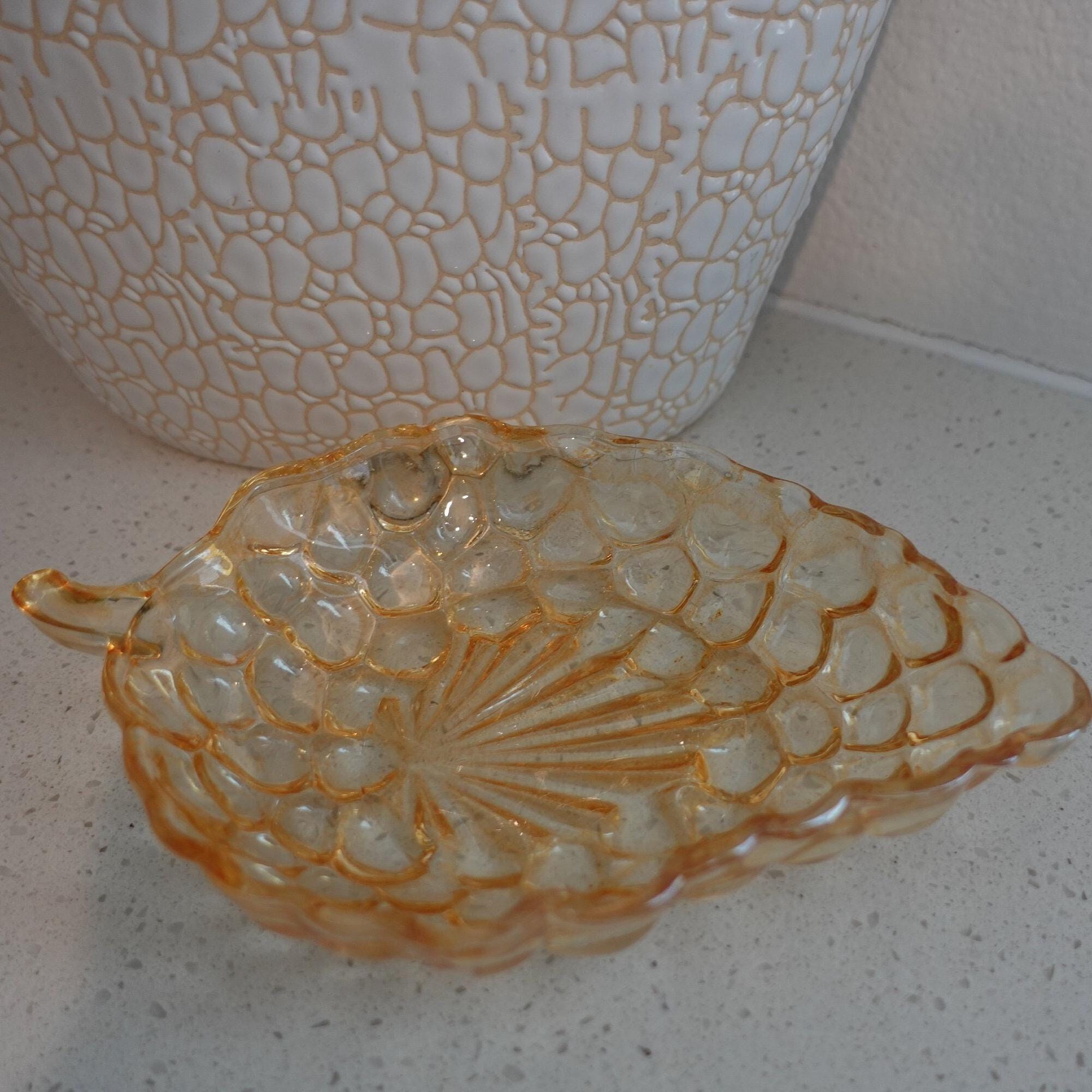 Vintage Amber Glass Leaf Shaped Candy Nut Trinket Dish Bowl