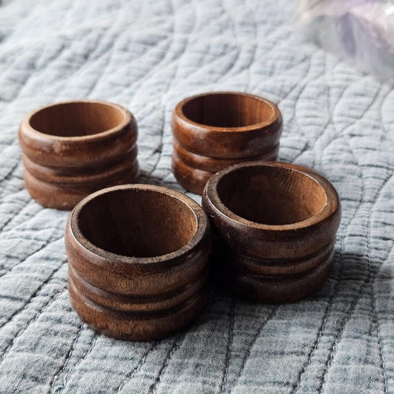 Vintage Wooden Napkin Rings Dark Wood Carved Mid Century Modern