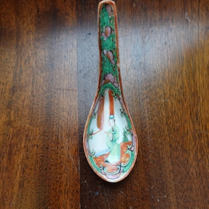late 20th century porcelain rose medallion soup spoon decorative oriental hand painted