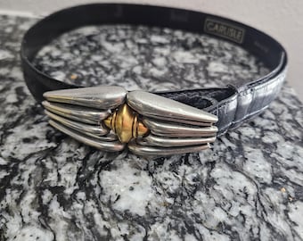 CARLISLE Vintage Leather Black Belt  Adjustable Silver and Gold Buckle Sz S USA