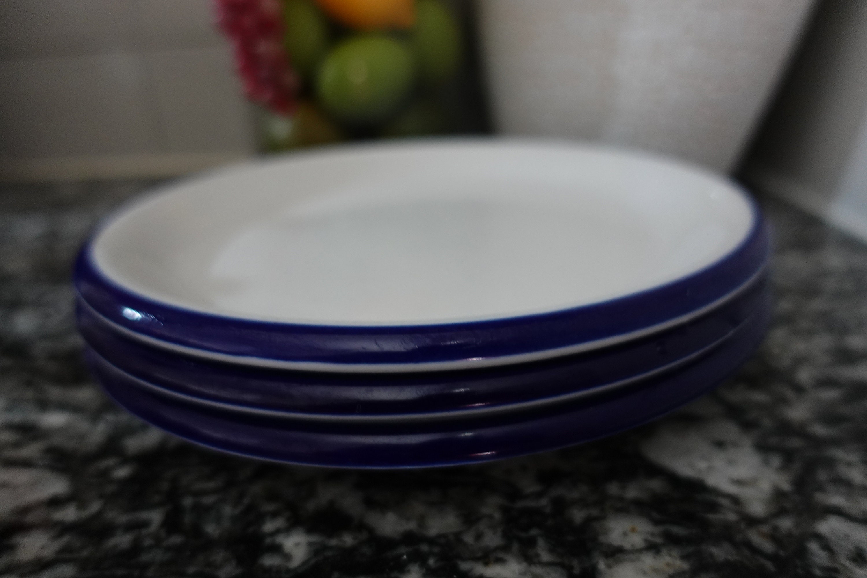Vintage Enamel Plates, Set of 3, White Enameled Plate With Blue