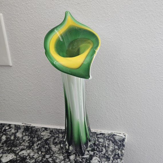 JACK IN THE PULPIT VASE　ヴィンテージ　フロストガラス花瓶 Vintage Art Glass Jack-in-the-pulpit Vase With Yellow, Green, and