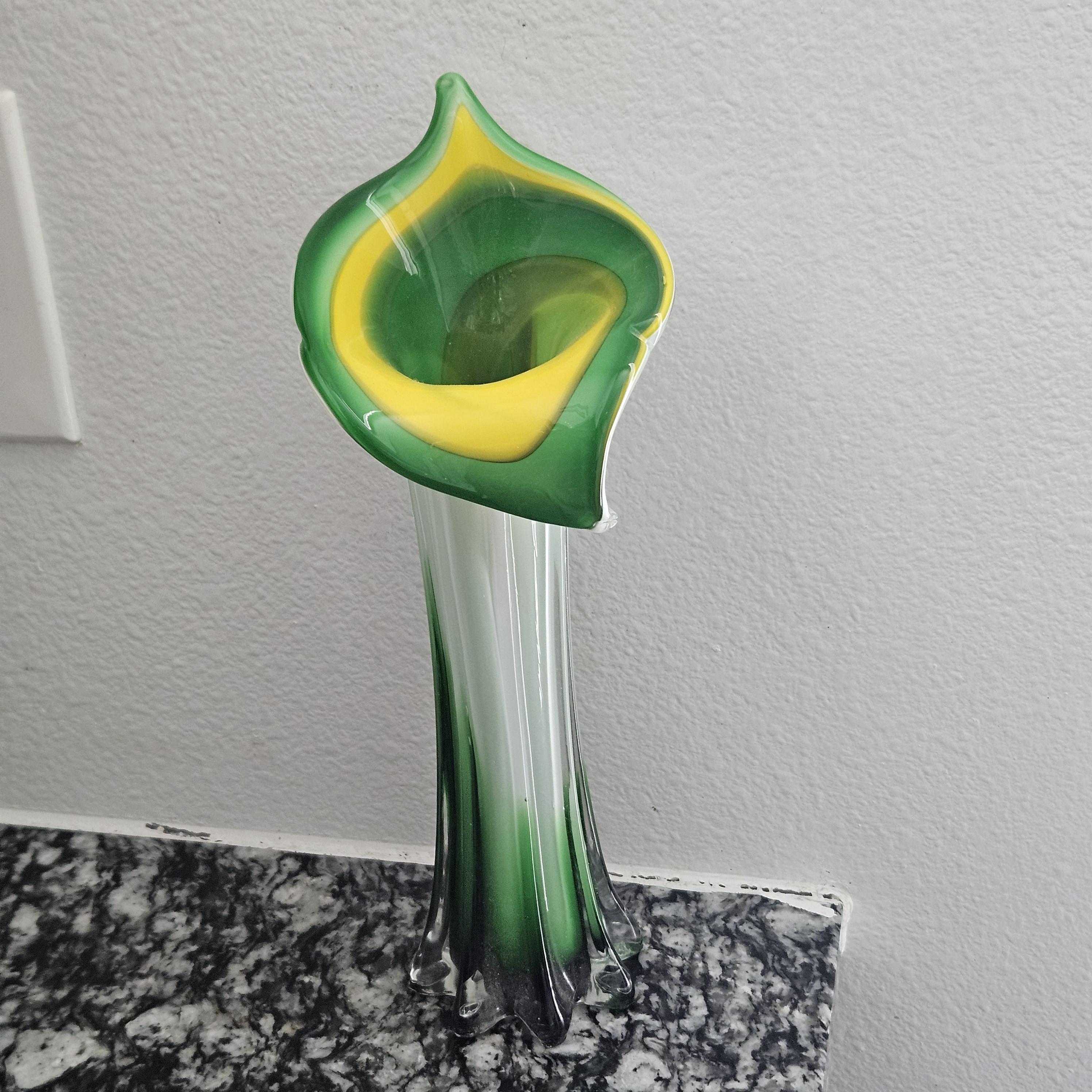 Vintage Art Glass Jack-in-the-pulpit Vase With Yellow, Green, and