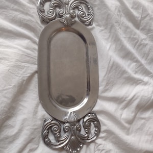 Vintage pewter metal serving tray oval shape with fleur de lis ornate
