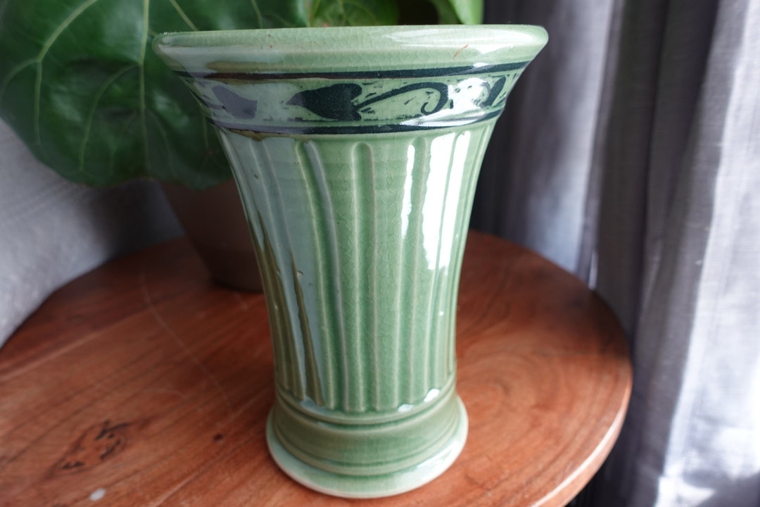Vintage Green Pottery Vase Midcentury Etsy