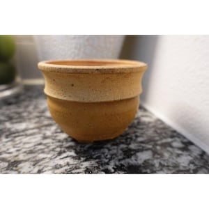 May include: A small, unglazed terracotta pot with a rounded base and a slightly flared rim. The pot has a two-tone appearance, with a lighter band around the top. The surface has a textured, earthy look. Ideal for small plants or succulents.