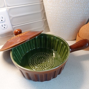 Vintage Savinio Brown & Green Glazed Ceramic Baker Pan Casserole Dish with Lid, Oven Safe