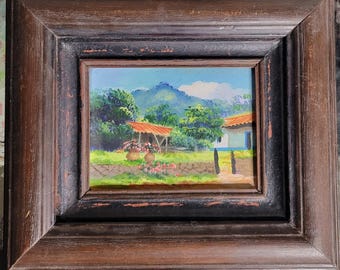 Pintura al óleo original de Roxana Fernández: una escena rural en Centroamérica.
