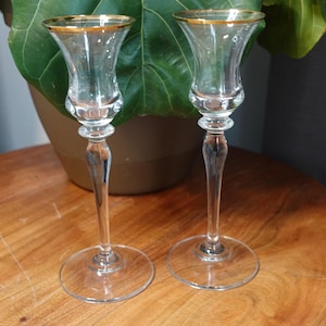 Elegant Clear Glass Candlestick Holders Gold Rim Set of 2 Taper Candle