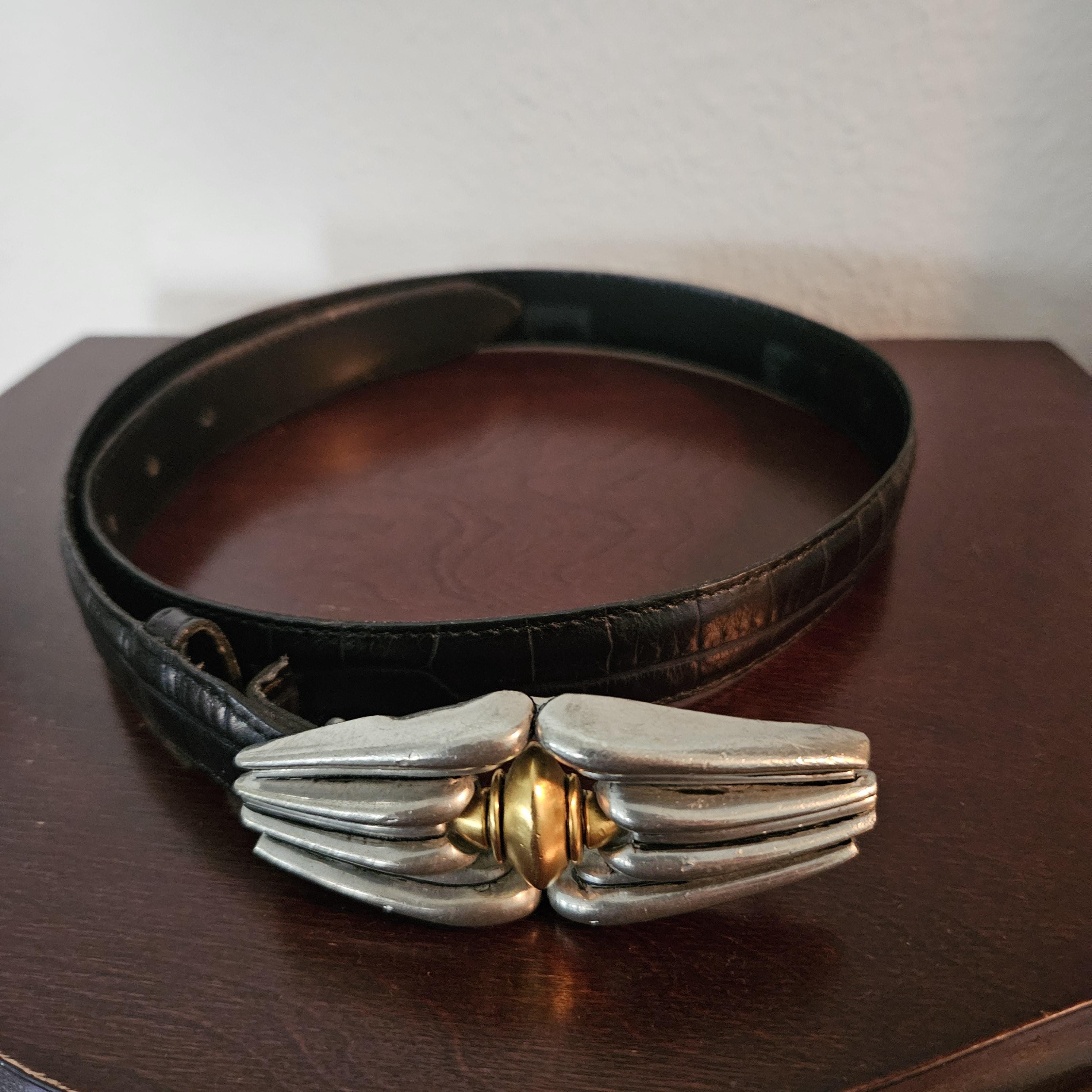 CARLISLE Vintage Leather Black Belt ‎ Adjustable Silver and Gold Buckle Sz S USA CARLISLE Vintage Leather Black Belt Adjustable Silver and  main image 2