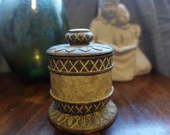 Boîte métallique vintage en céramique marron et crème avec couvercle motif feuille