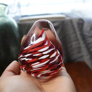 Glass paperweight Red and white swirl teardrop shape 4 inches tall artist signed