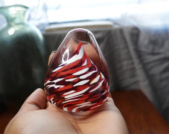Glass paperweight Red and white swirl teardrop shape 4 inches tall artist signed