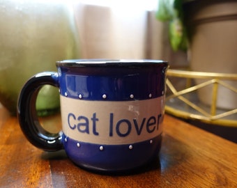 Taza de café para amantes de los gatos, novedosa taza de té de cerámica con lunares azules y blancos