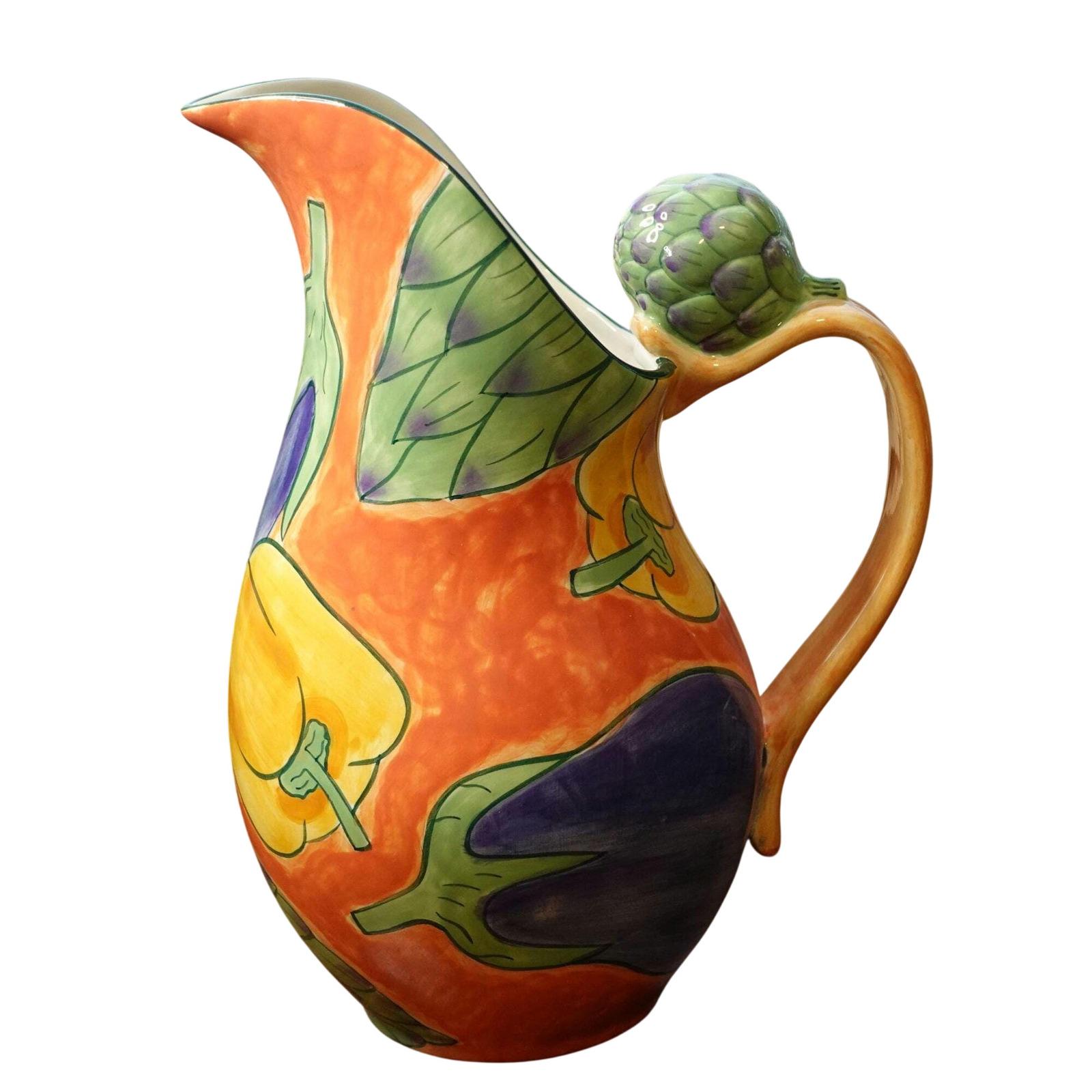 Clay Art Toscano Vegetable Ceramic Pitcher 64oz Eggplant Artichoke