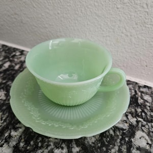 Fire-King Jadeite Alice Cup & Saucer Set Anchor Hocking Jade-ite Green Vintage