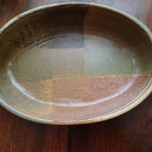 Vintage Studio pottery oval artist signed bowl abstract square design in earthtones colors