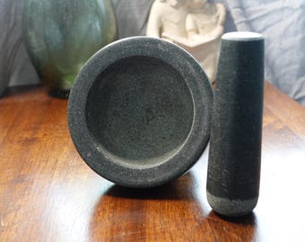 Vintage solid stone large mortar and pestle set- kitchen herb crusher and spice grinder