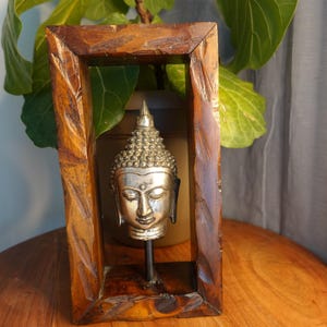 Buddha Head Statue in Wood Frame Asian Decor Sculpture Art