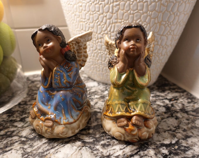 Vintage Angel Girls With Blue and Green Dress and Wings Ceramic Statue ...