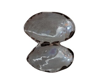 Iridescent White Ceramic Double Clam Shell Trinket Dish Coastal Jewelry Bowl